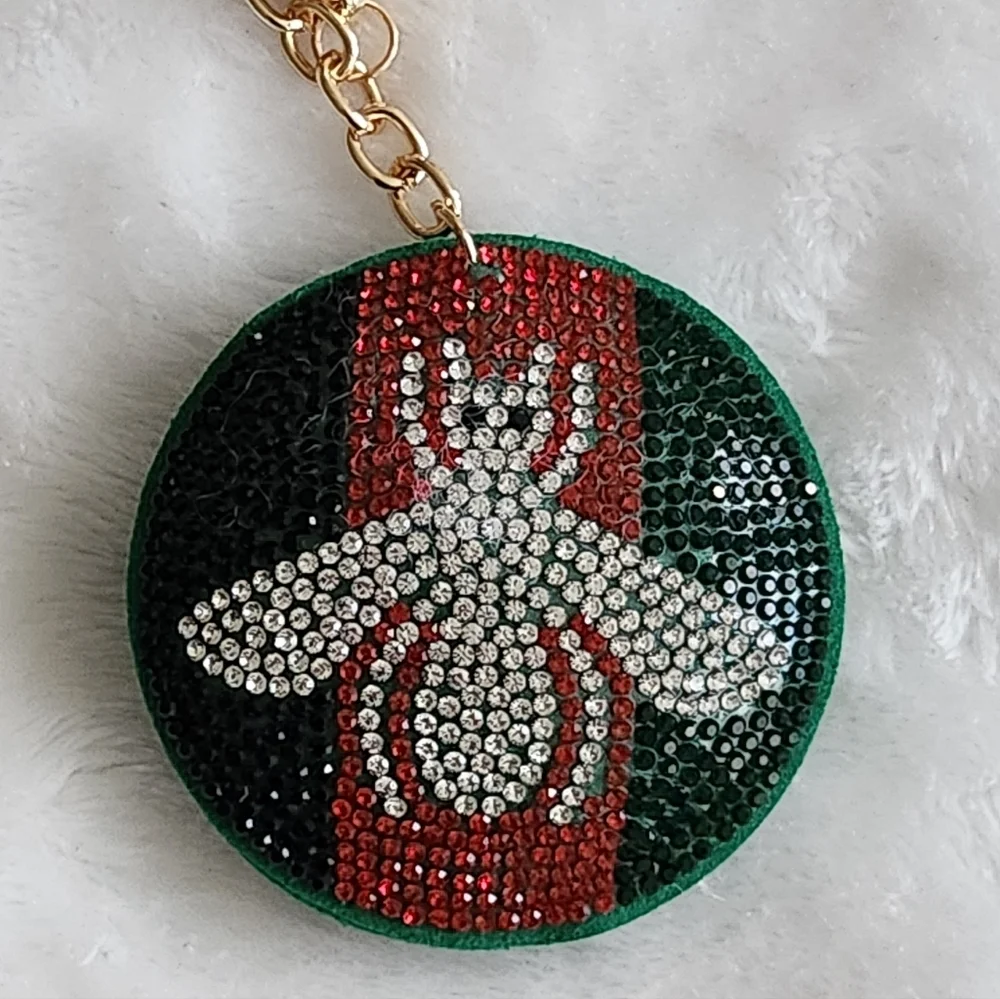 Designer Inspired Logo Green Red and Silver Bee Keychain Bag Chain